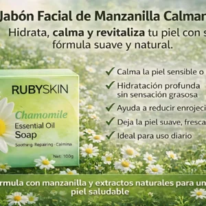 Jabón facial Rubyskin de manzanilla, 100g, calma e hidrata piel sensible con fórmula natural.