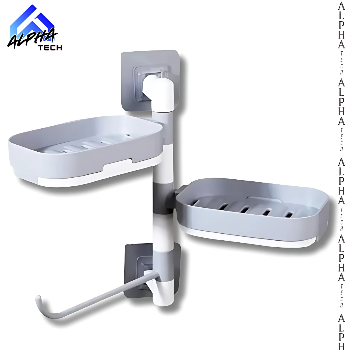 Jabonera de pared gris y blanca de 2 niveles giratoria con gancho, ideal para organizar baño o cocina.