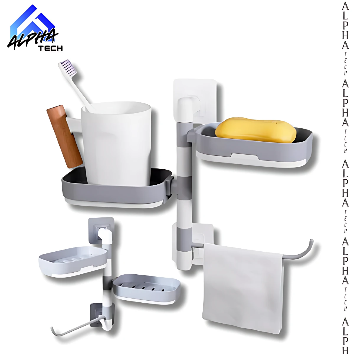 Set de jaboneras giratorias de pared grises con porta toalla y porta cepillos, ideal para baño.