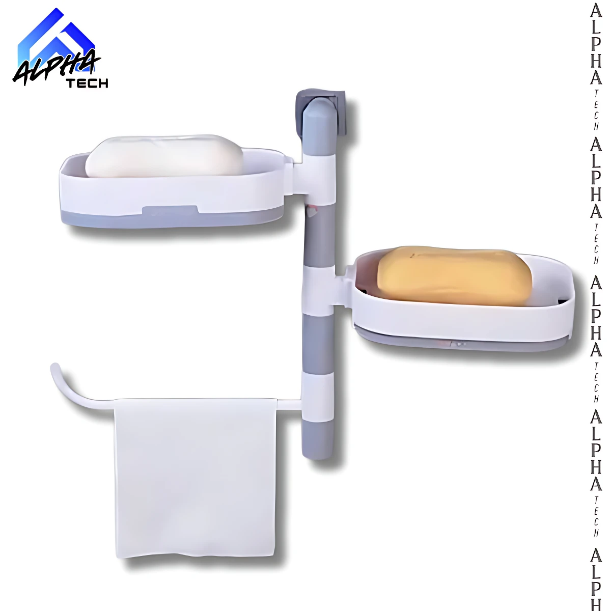 Jabonera de pared giratoria gris y blanca con toallero, ideal para baño.