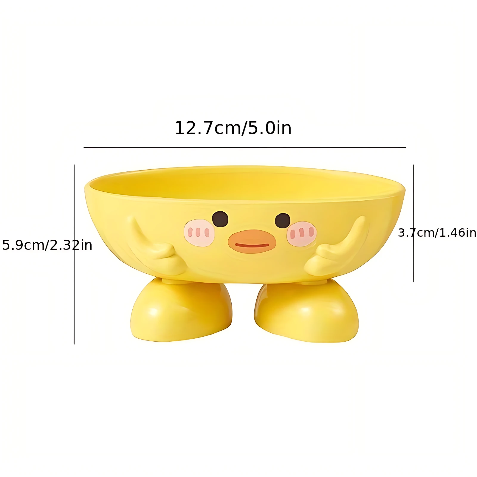 Jabonera amarilla con diseño de patito, medidas 12.7x5.9x3.7 cm, ideal para niños y decorar baños.