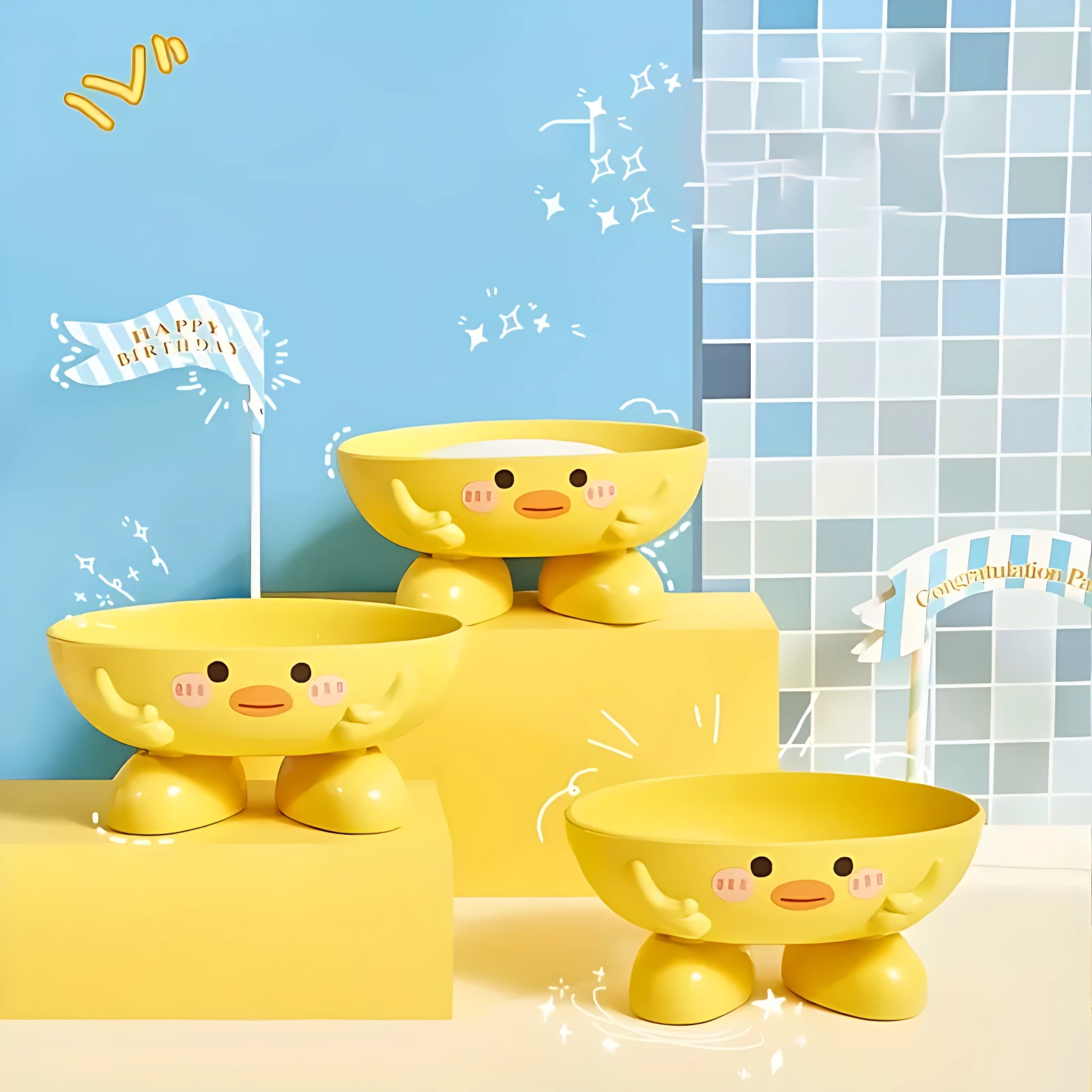 Set x2 jaboneras amarillas con diseño de patito para niños, ideales para mantener el jabón seco en el baño.