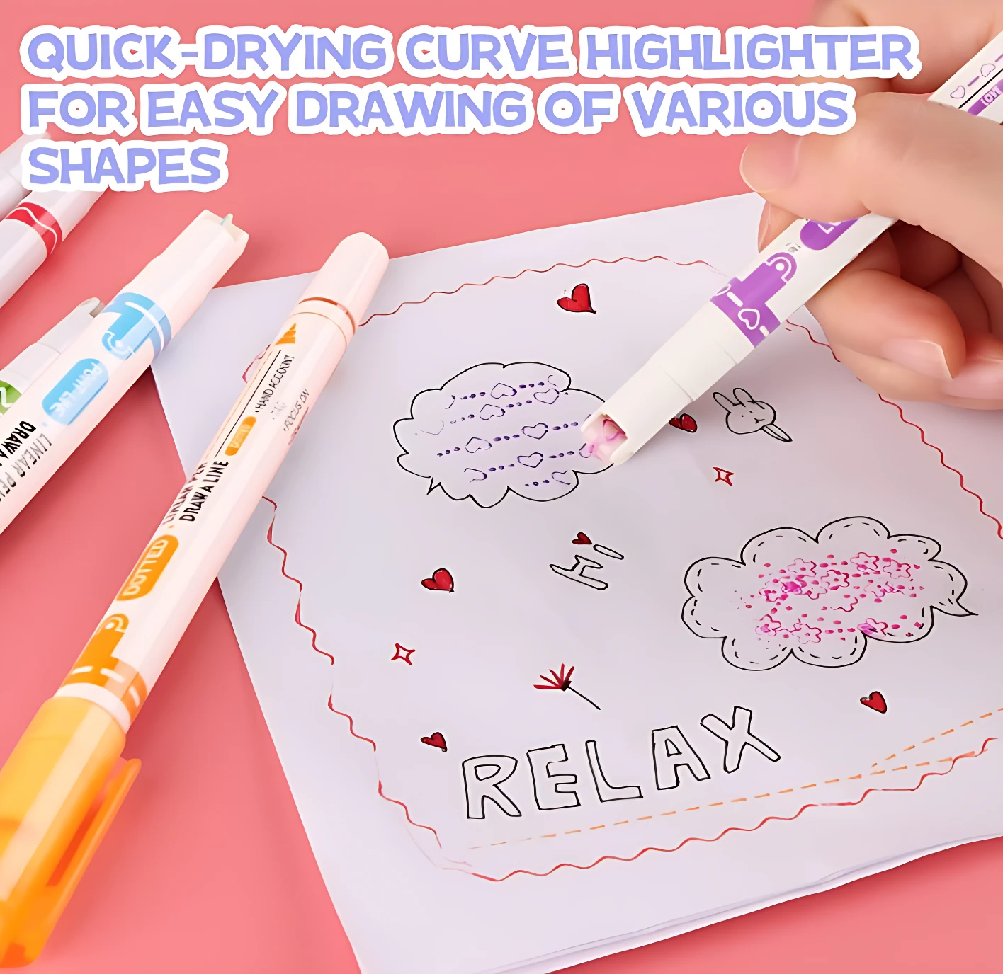Rotuladores de curva con secado rápido, ideales para dibujar formas. Incluye set de 6 piezas.