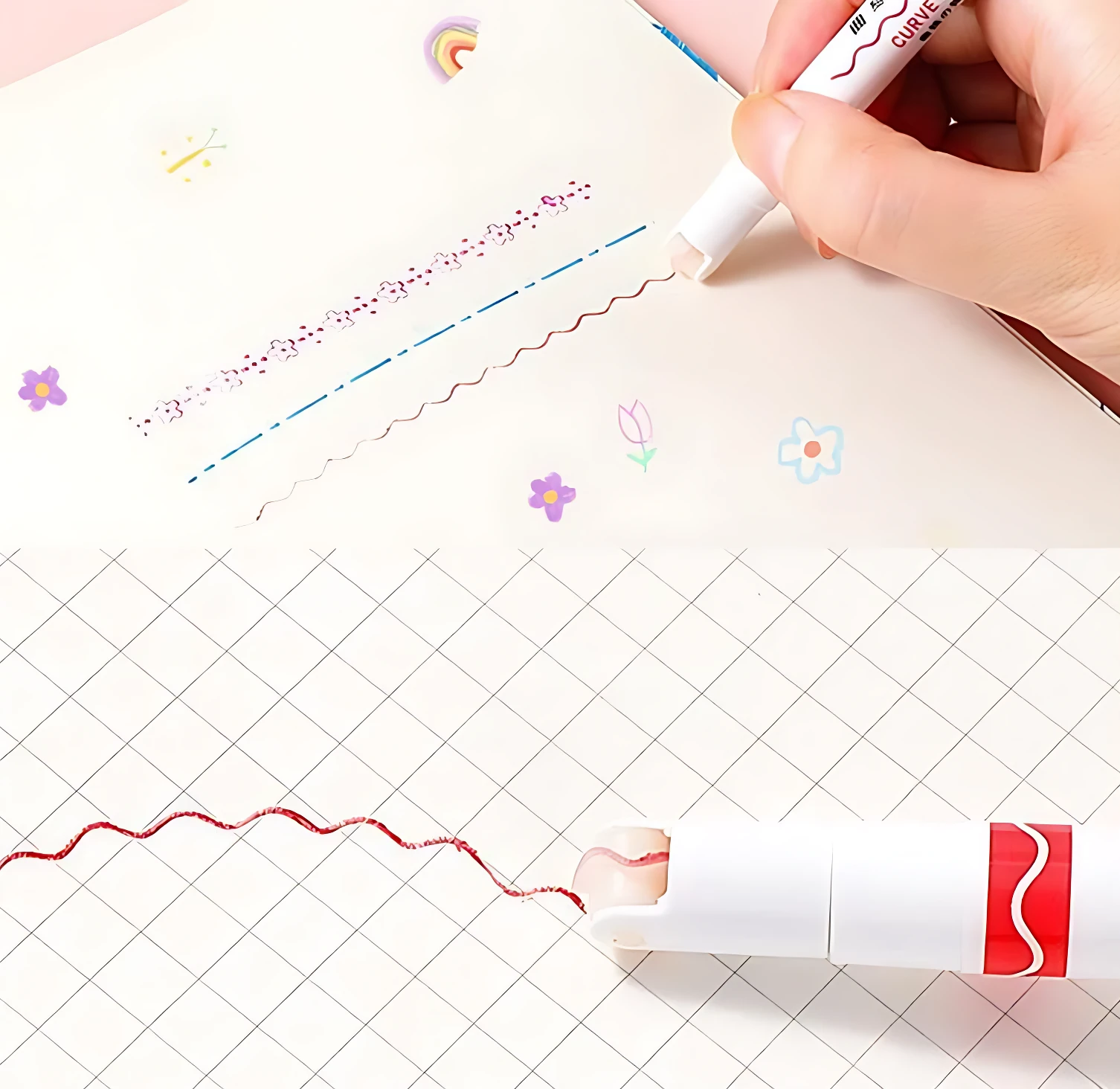 Rotuladores de curva color rojo y morado dibujando líneas decorativas en cuaderno cuadriculado y blanco.