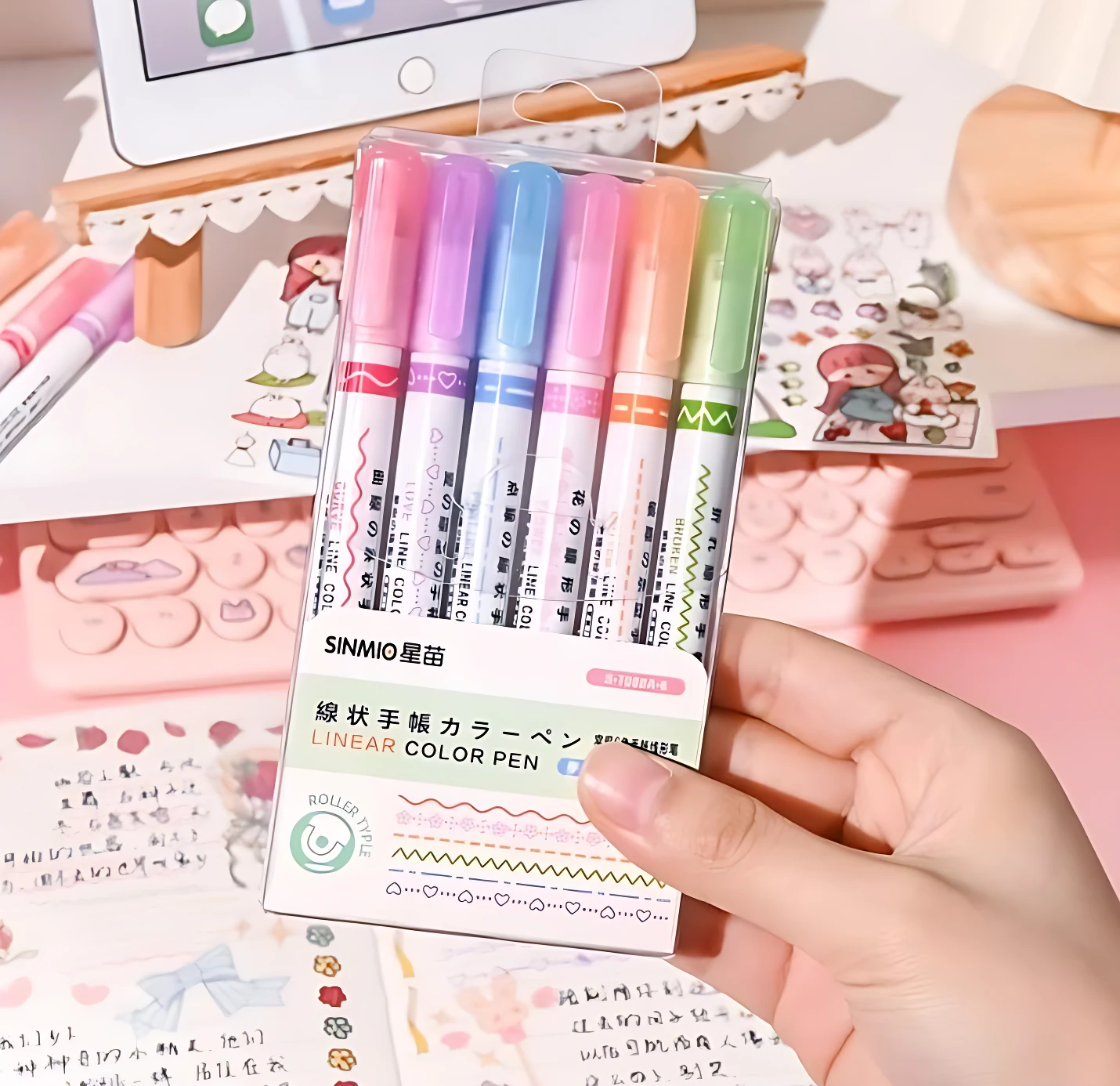 Juego de 6 rotuladores de trazo curvo en colores pastel, ideal para decorar cuadernos y manualidades.