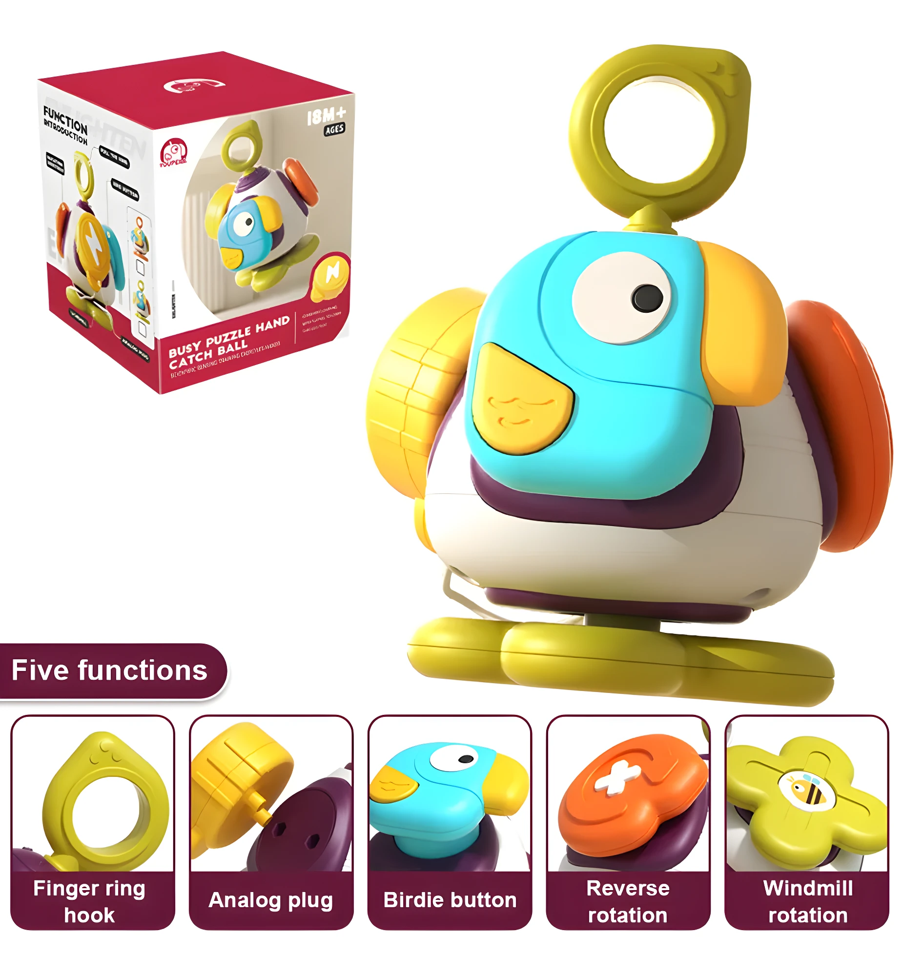 Juguete de desarrollo para bebés, un pájaro multicolor con cinco funciones: aro, enchufe, botón, rotación inversa y molino de viento.