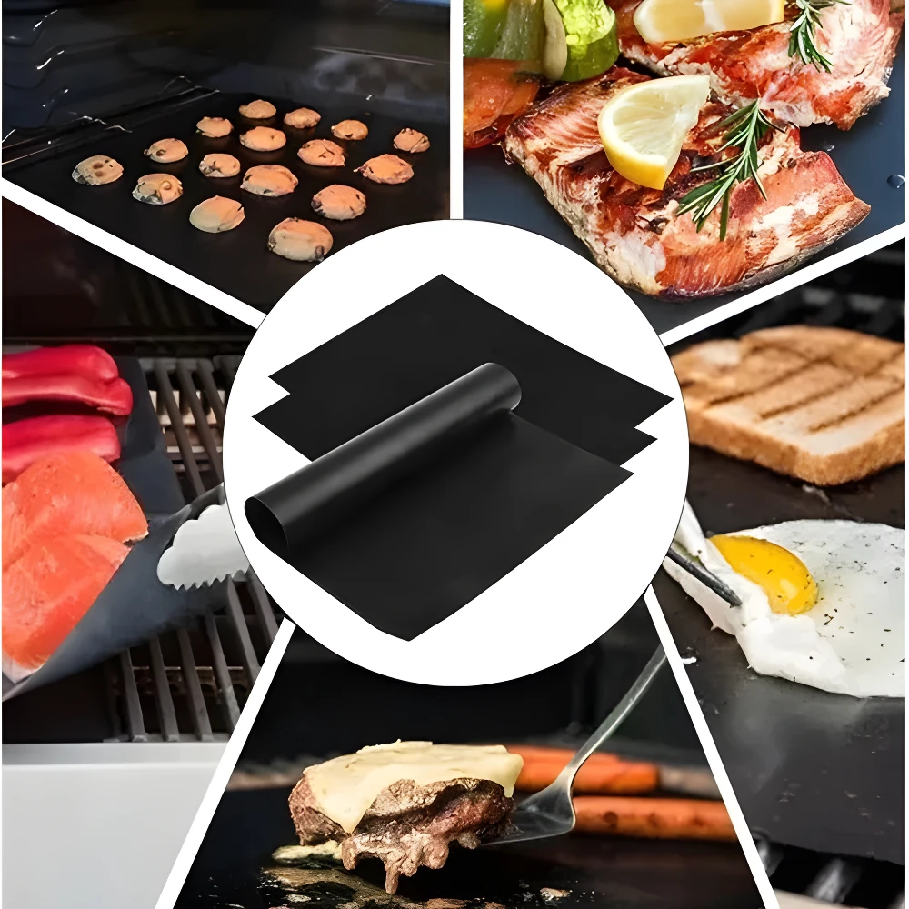 Mantas de teflón negro antiadherentes, ideales para parrilla y horno, muestran cocción de galletas, pescado, carne y huevo.