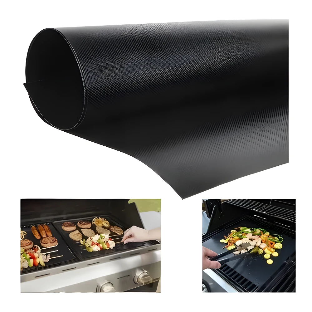 Mantas de teflón negras para parrilla, antiadherentes y reutilizables, ideales para cocinar sin que se peguen los alimentos.
