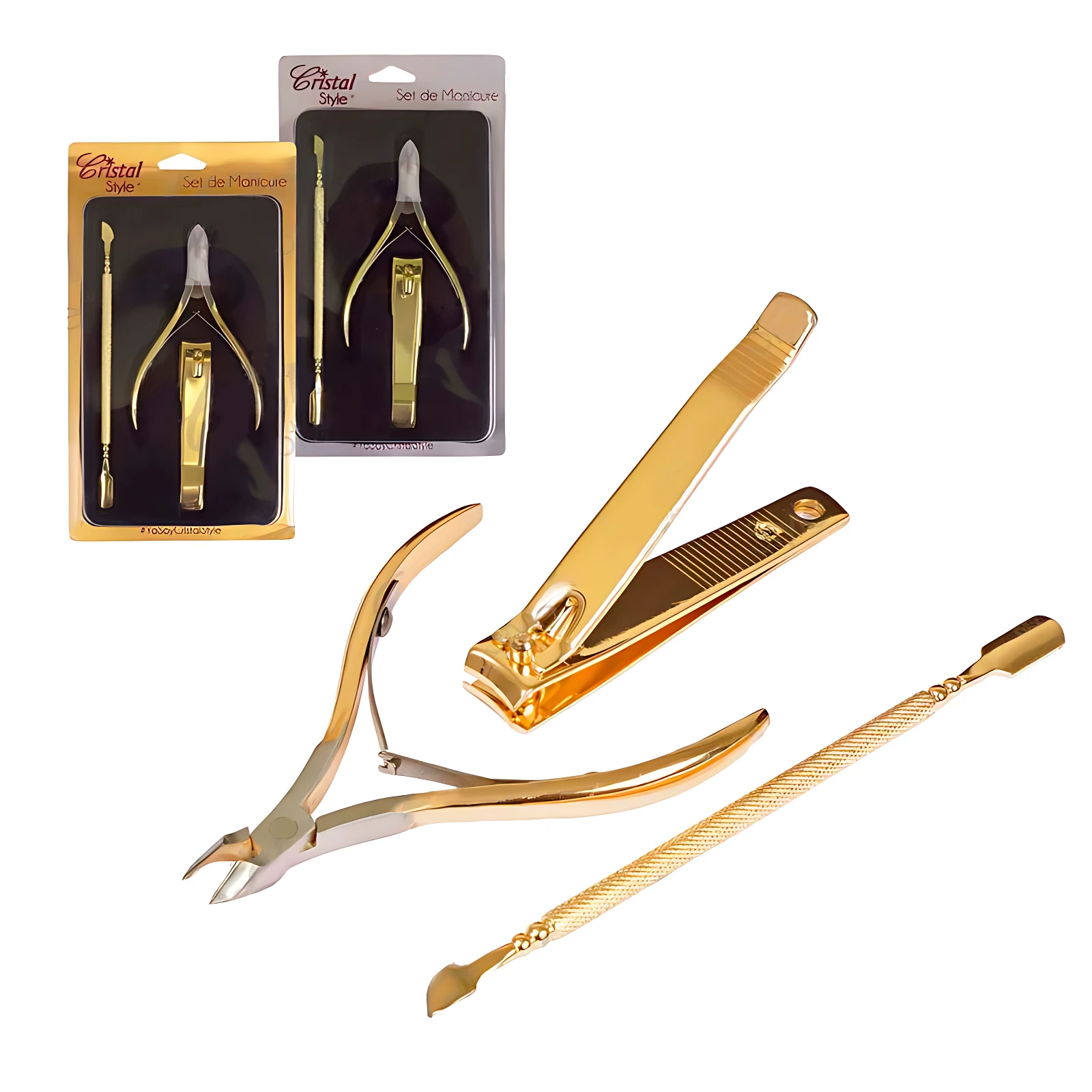 Kit manicure dorado 3 piezas: cortaúñas, empujador de cutícula y tijeras.