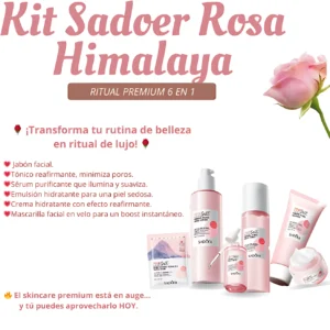 Kit Sadoer Sal Rosa Himalaya con 5 productos de cuidado facial en tonos rosados, ideal para piel radiante e hidratada.
