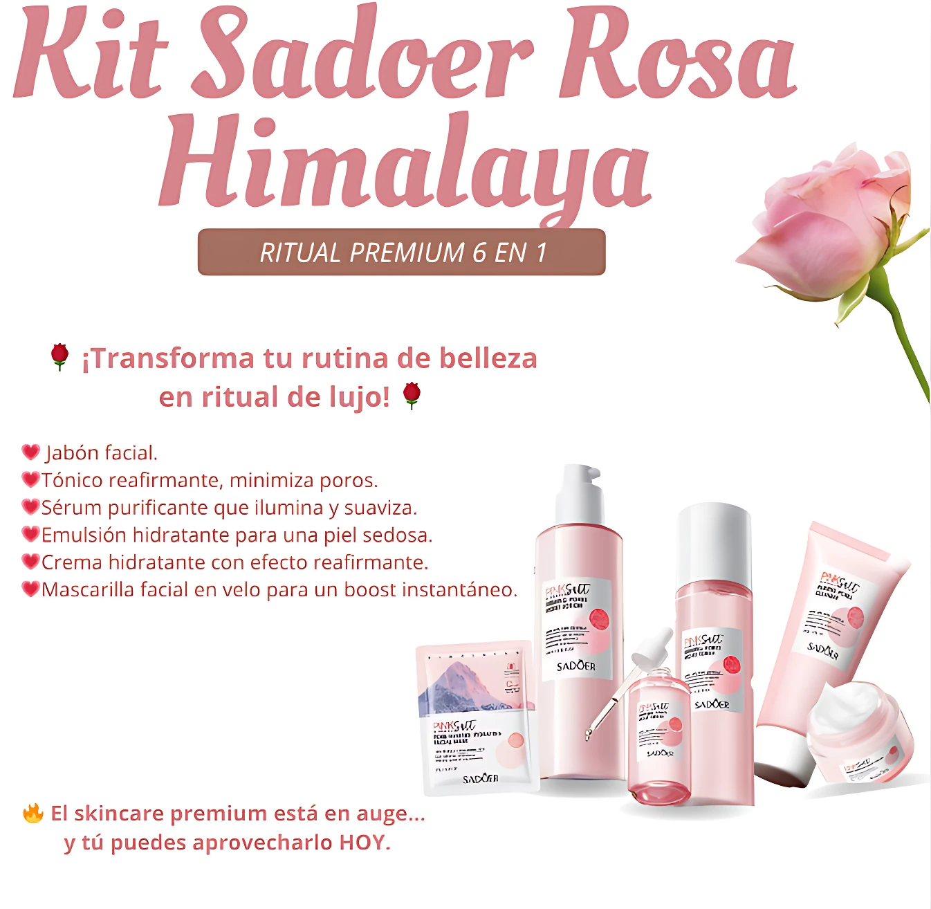 Kit Sadoer Sal Rosa Himalaya con 5 productos de cuidado facial en tonos rosados, ideal para piel radiante e hidratada.