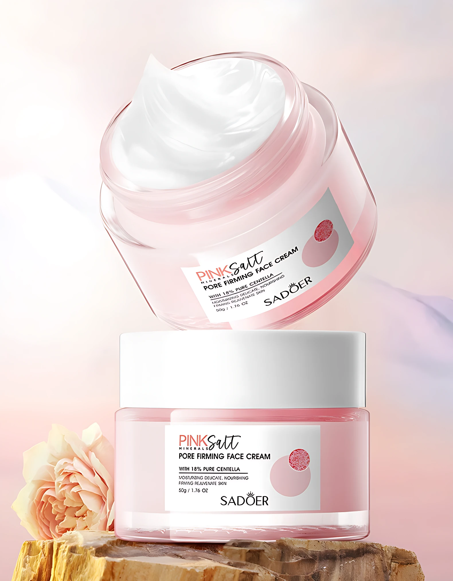 Crema facial Sadoer Pink Salt con 18% de centella pura, tarro rosa, 50g.