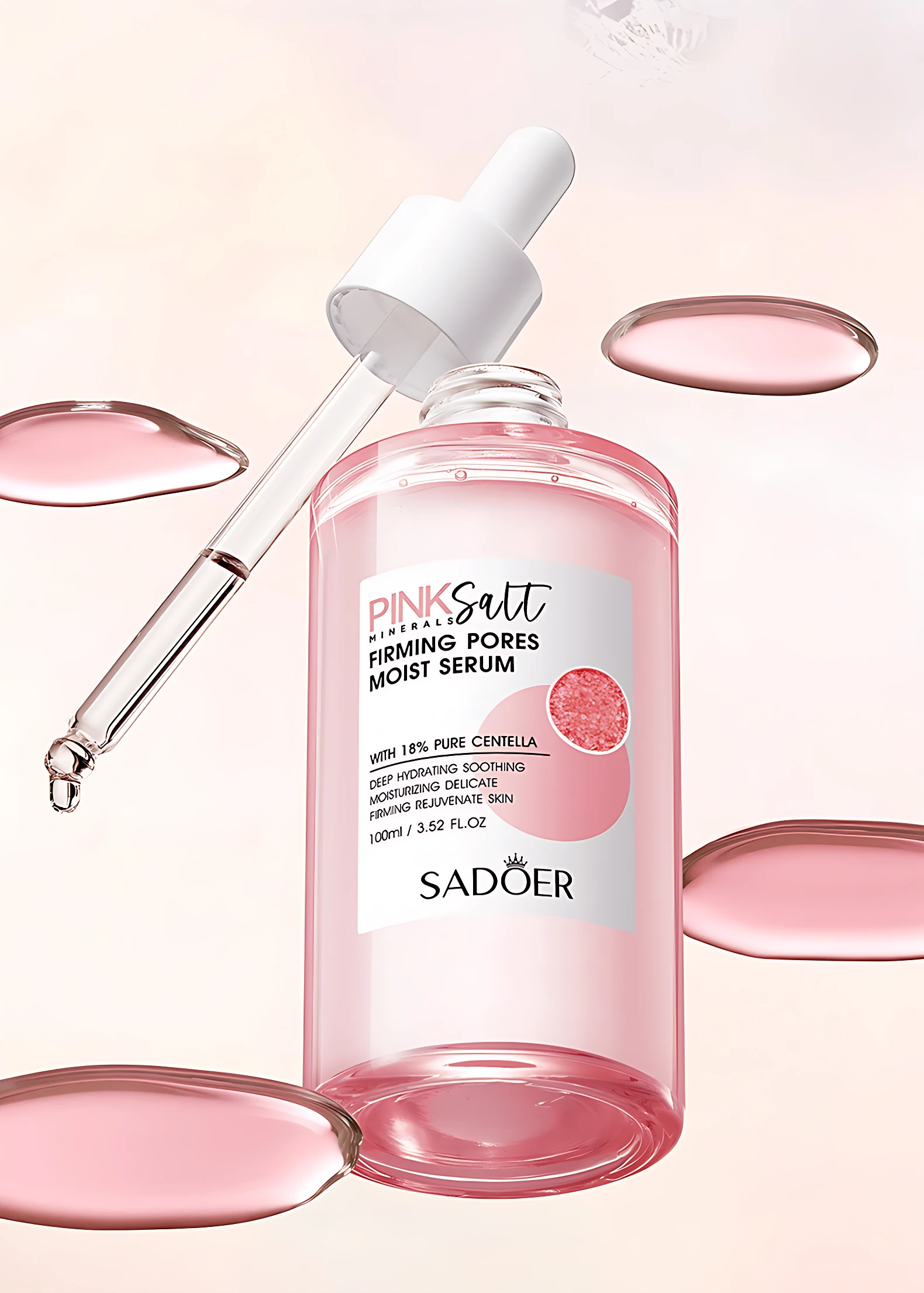 Sérum facial Sadoer Pink Salt con gotero, 100ml, para piel radiante e hidratada.