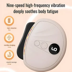 Tabla Gua Sha inteligente calefactor color blanco marfil con pantalla digital mostrando nivel 6, para relajación y masaje muscular.