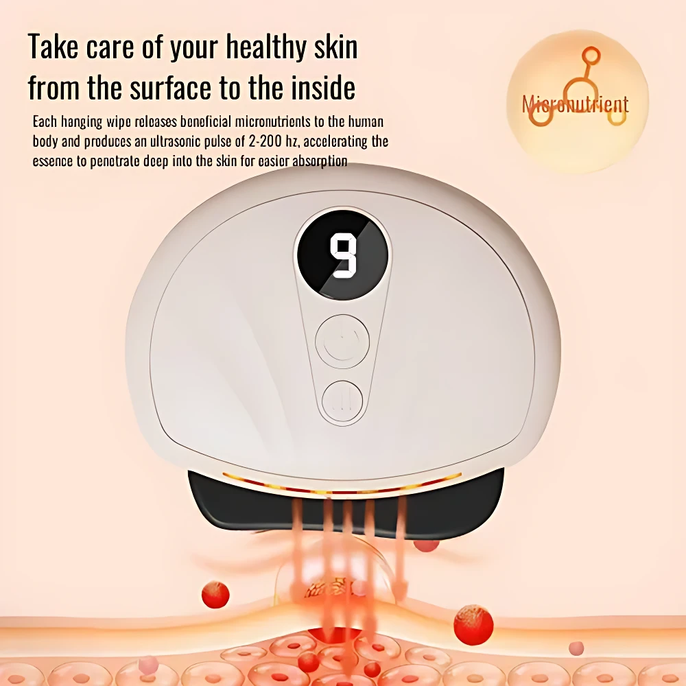 Tabla Gua Sha Inteligente Calefactor con pantalla digital '9' y pulsos ultrasónicos para penetración profunda de micronutrientes.