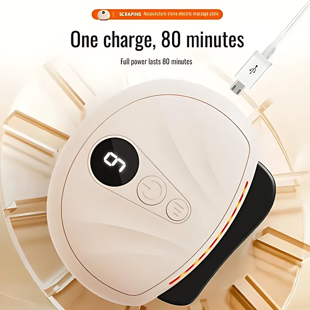 Tabla Gua Sha inteligente calefactor blanca con pantalla digital y cable USB, para 80 minutos de uso.