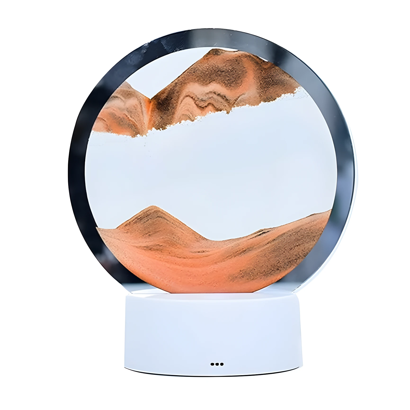 Lámpara de arena movediza circular con luz RGB táctil y base blanca, creando paisajes dinámicos.