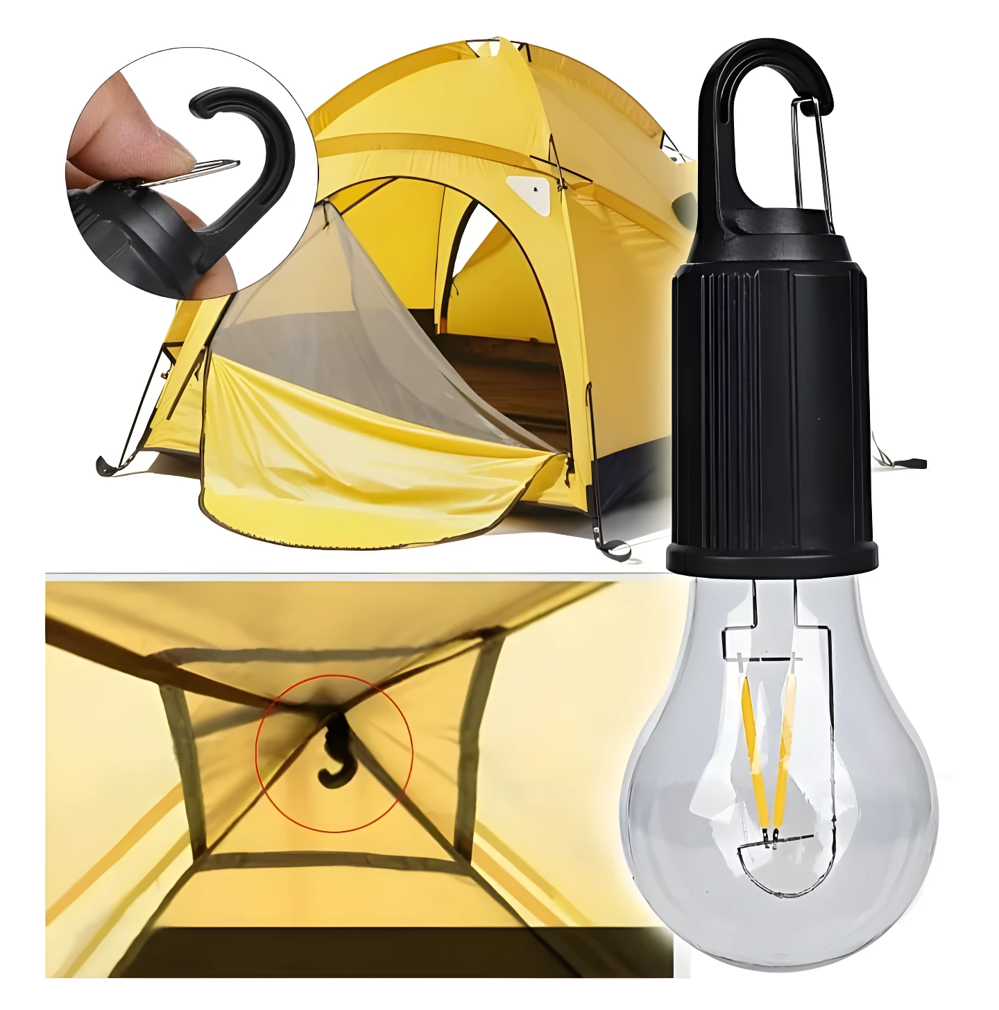 Lámpara colgante recargable tipo bombilla LED, ideal para carpas amarillas con gancho de sujeción.