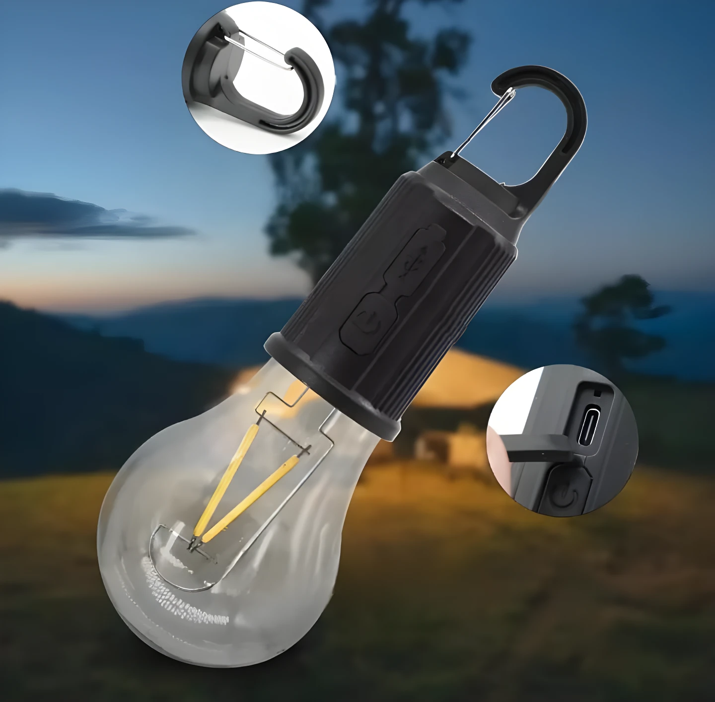 Lámpara colgante LED recargable estilo bombilla vintage con gancho mosquetón y puerto USB tipo C.