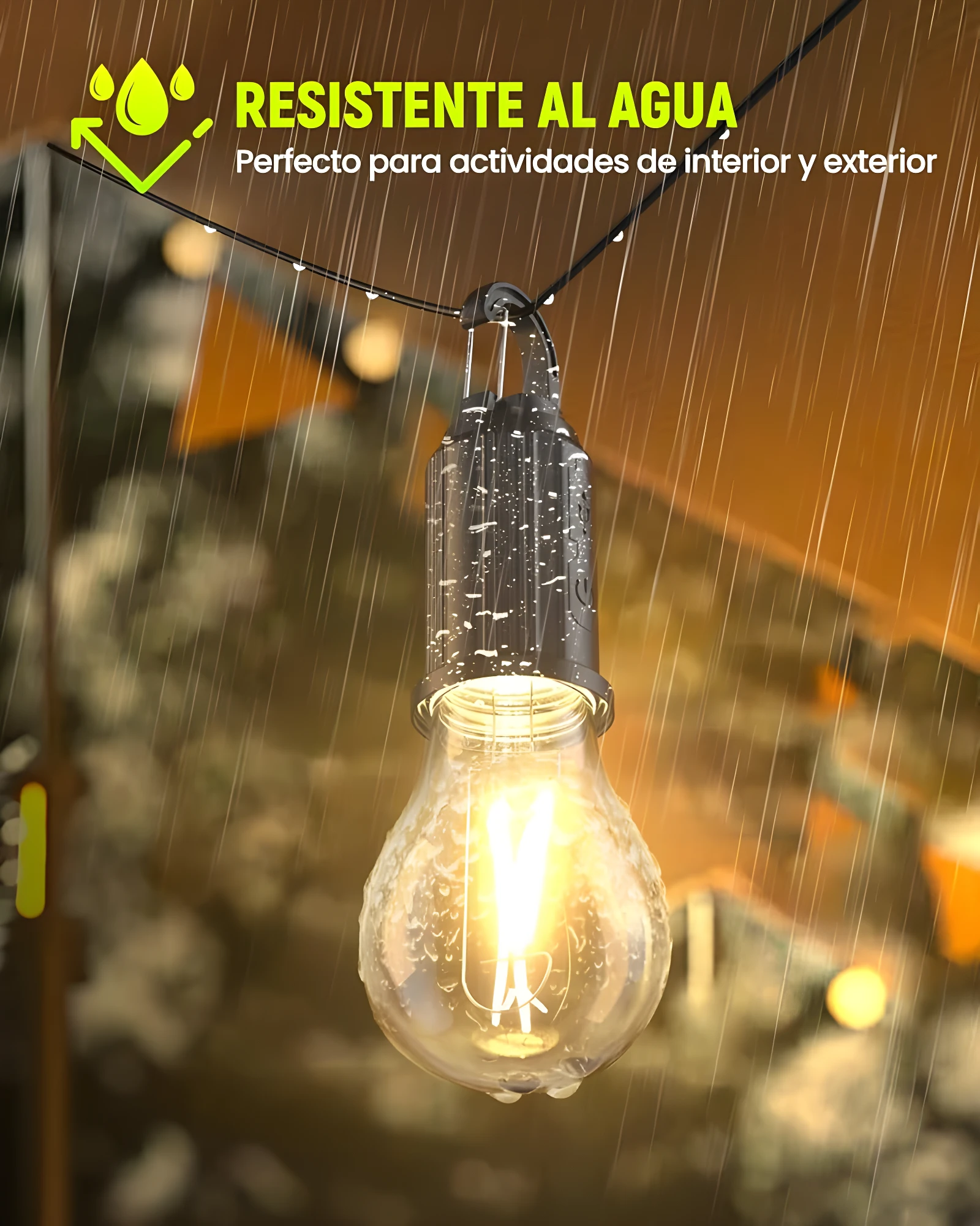 Lámpara colgante recargable a prueba de agua, ideal para interiores y exteriores, con luz cálida.