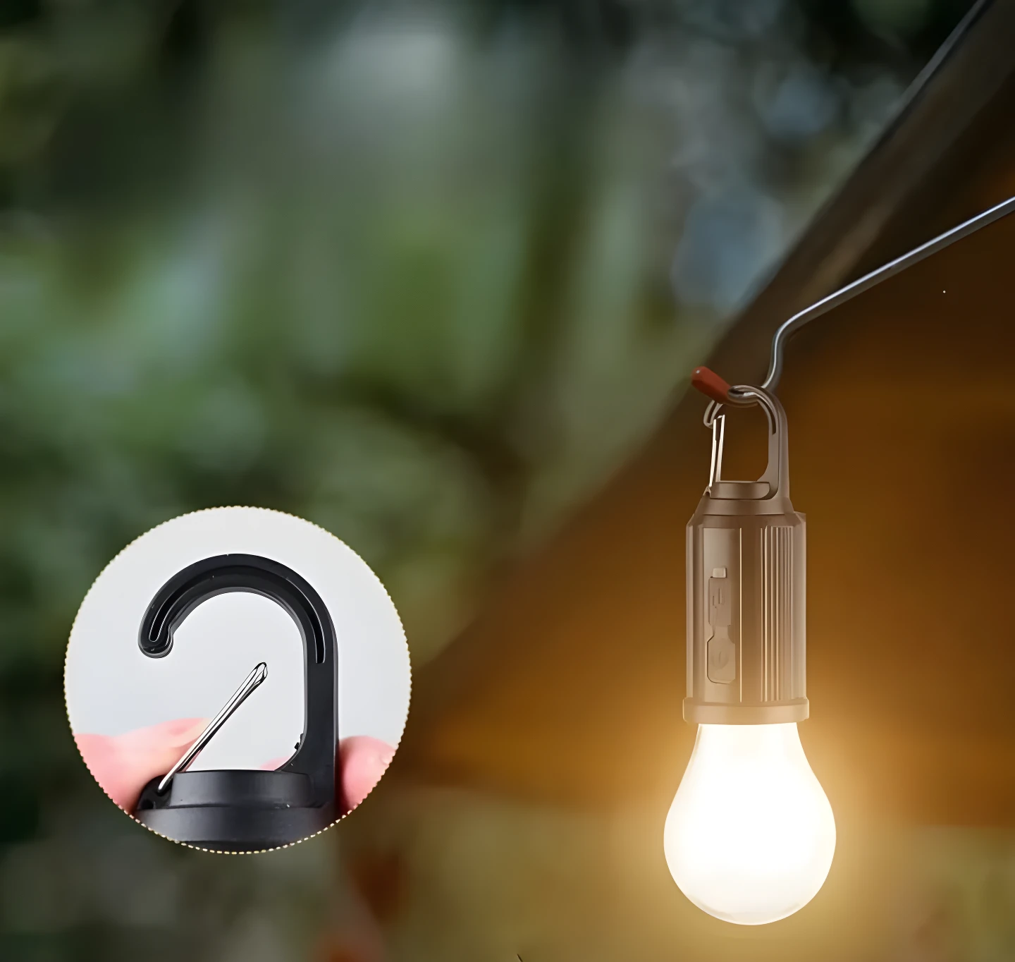 Lámpara colgante recargable, gancho negro con pin metálico, luz LED cálida, ideal para exteriores.