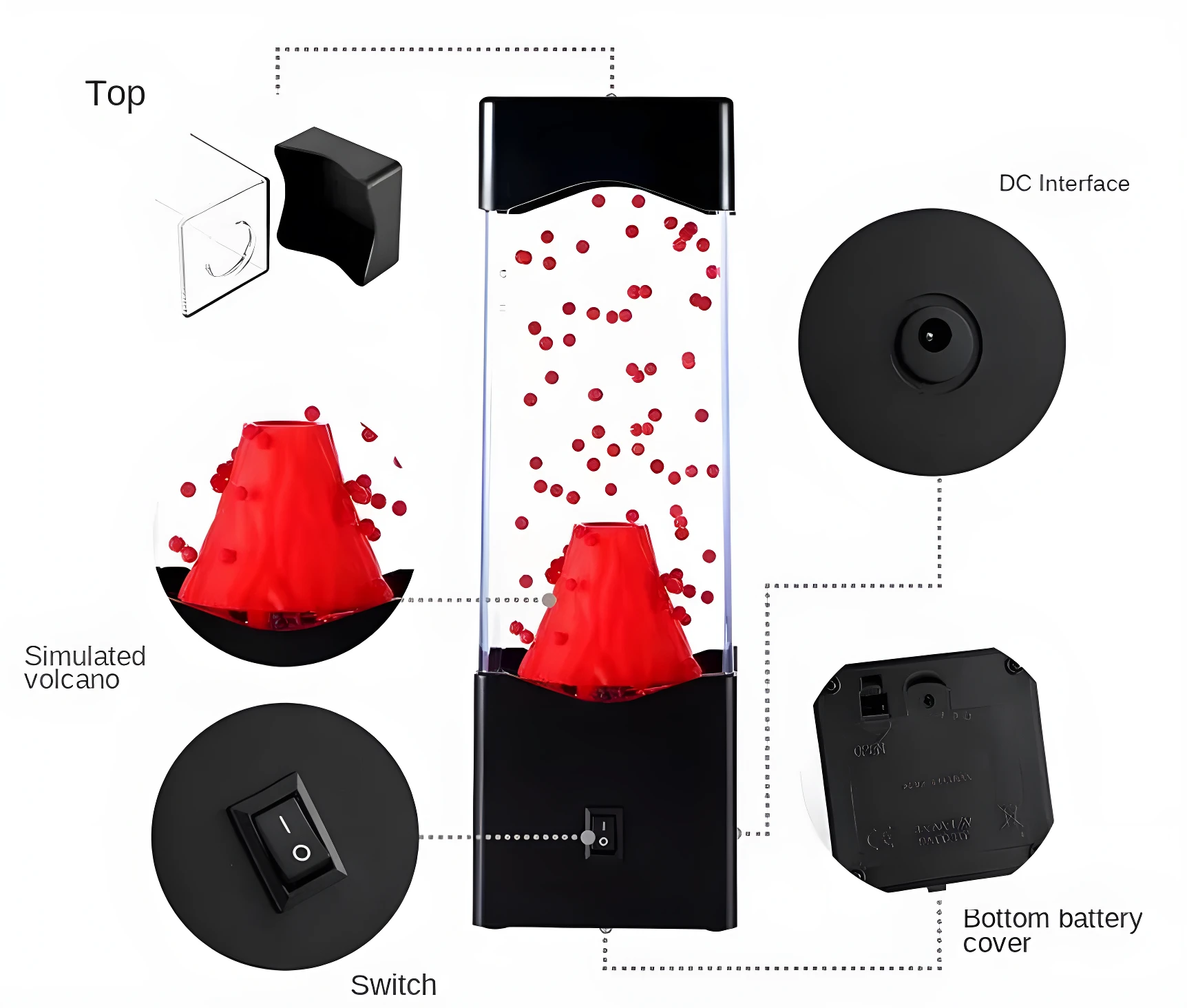 Lámpara de lava con forma de volcán y luces LED rojas, con interruptor y tapa de batería.