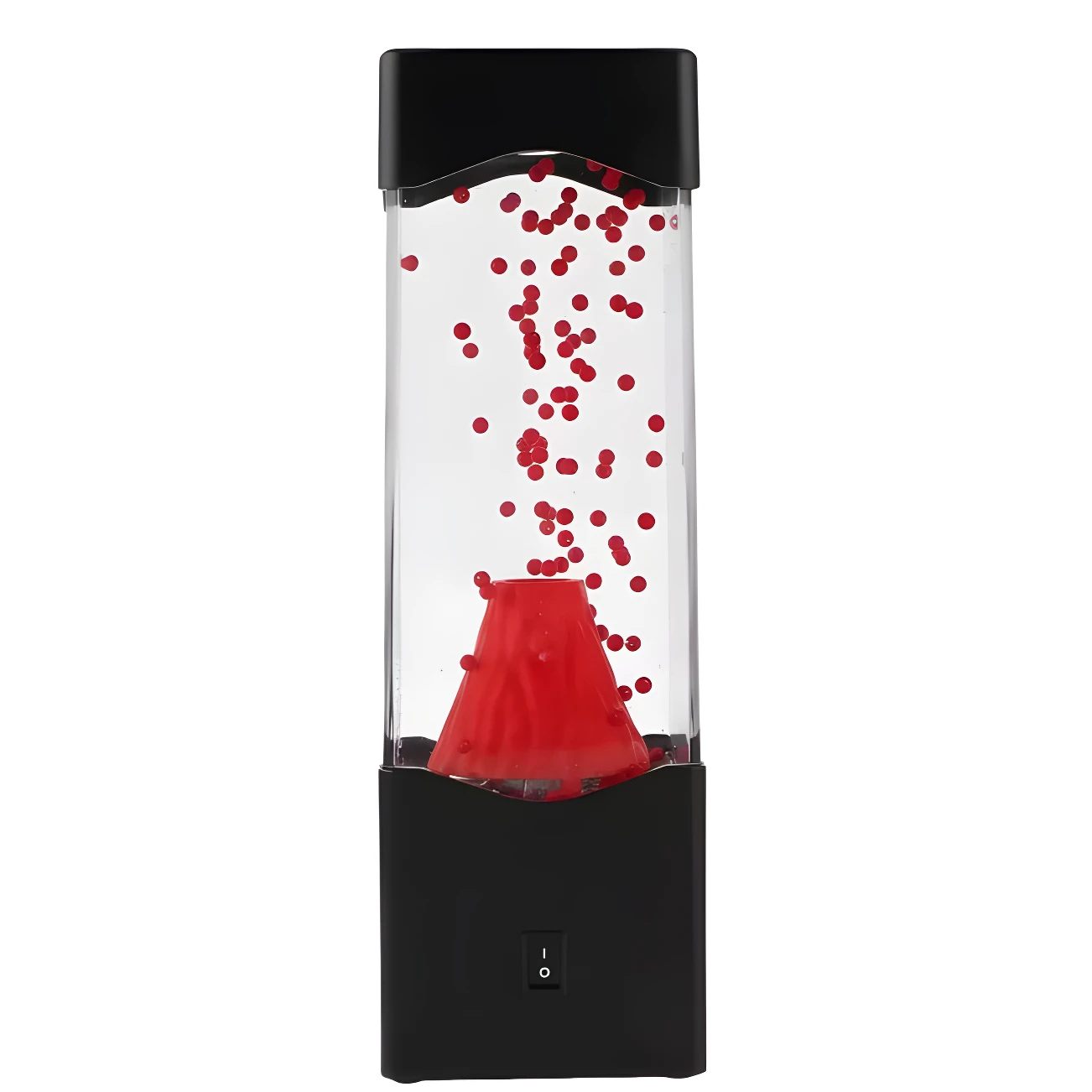 Lámpara de lava USB con cono rojo y luces LED rojas flotando en líquido transparente.