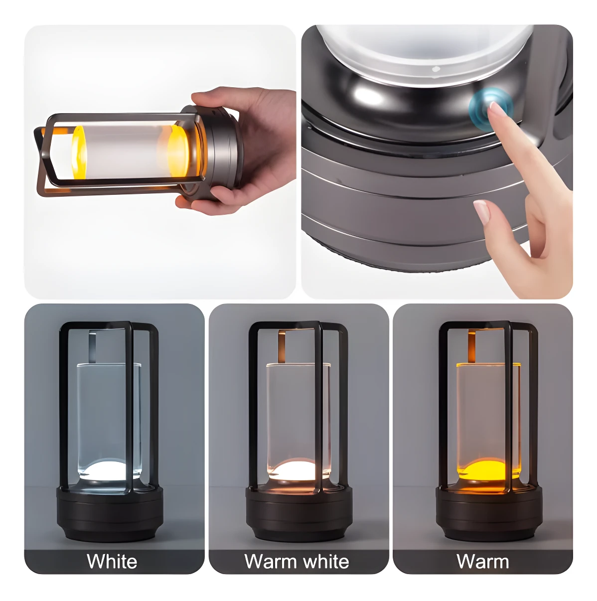 Lámpara LED táctil recargable, portátil, con cuerpo metálico y tres modos de luz: blanco, blanco cálido y cálido.