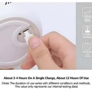 Lámpara de mesa de silicona blanca siendo cargada por cable USB, 1200mAh, carga rápida.