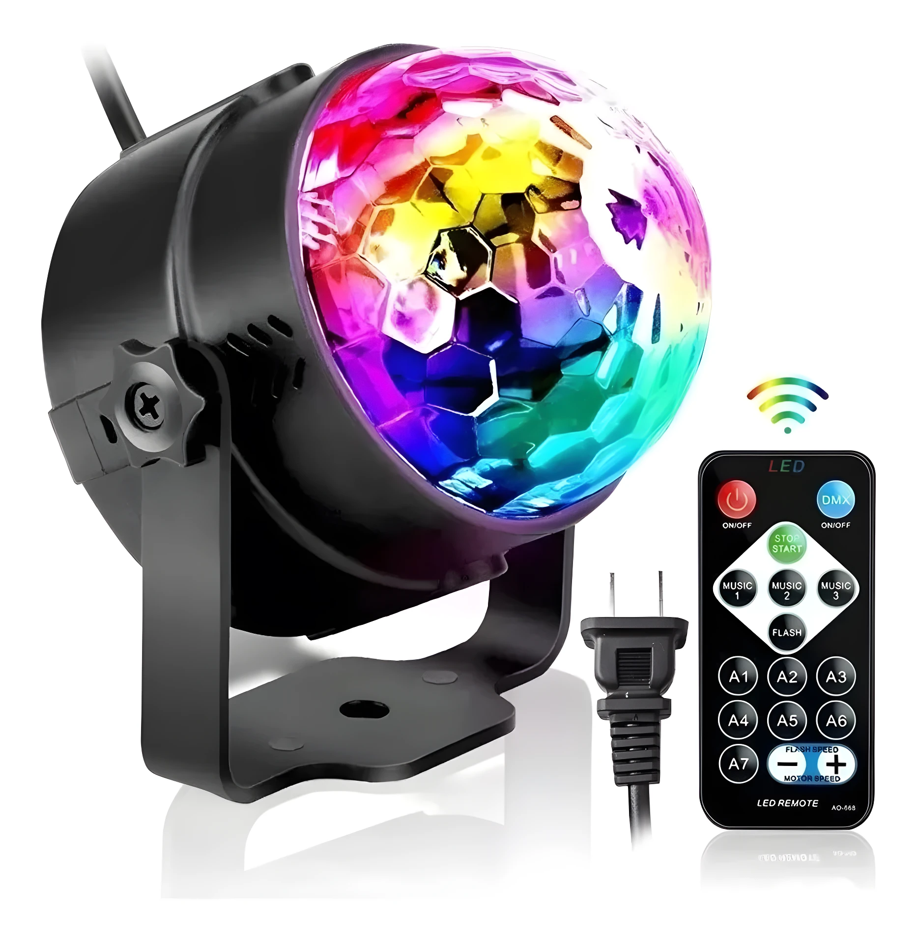 Proyector LED RGB para fiestas con control remoto, diseño esférico multicolor y base ajustable.