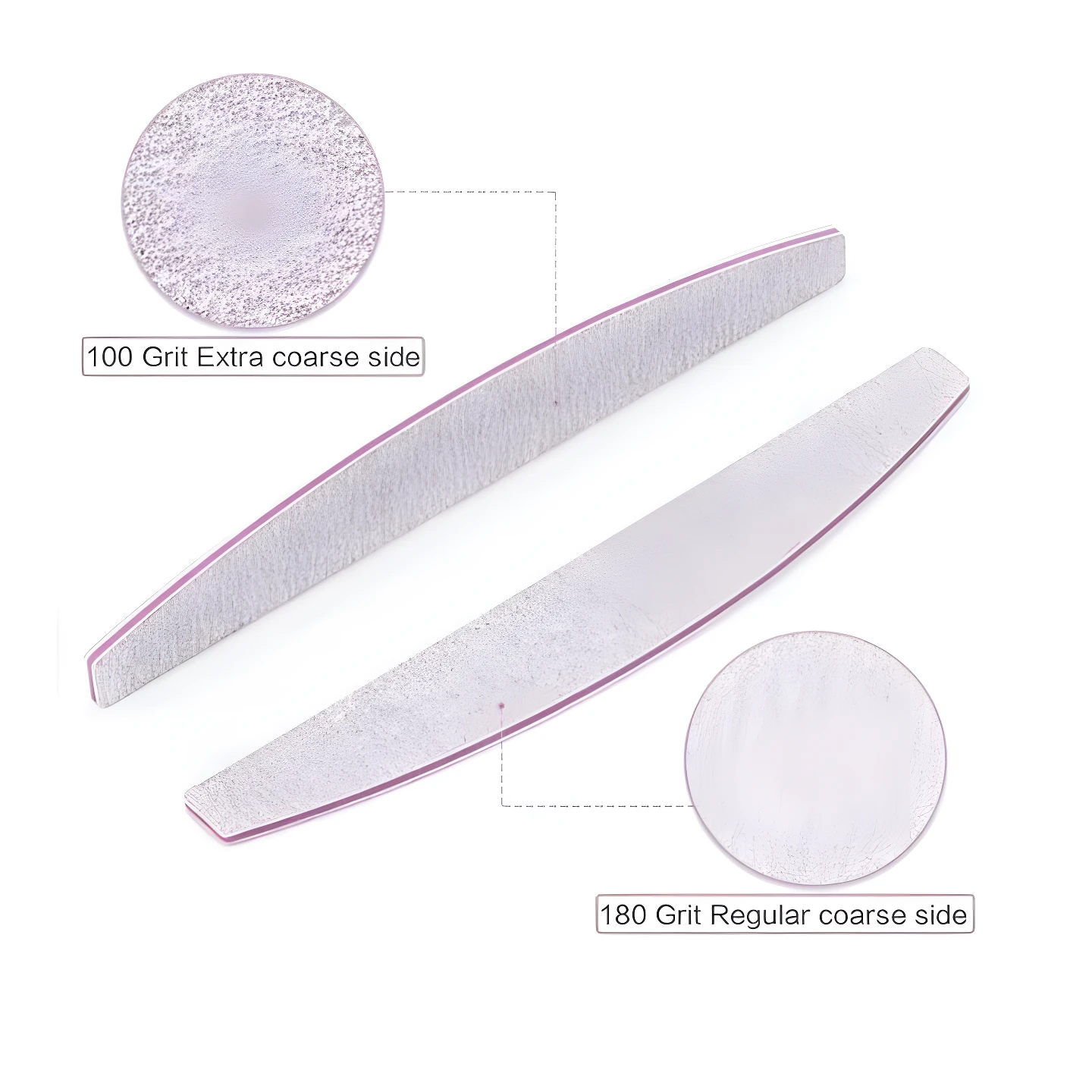 Dos limas para uñas, una con grano 100 extra grueso y otra con grano 180 regular, diseño medialuna.