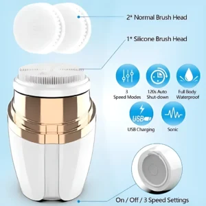 Limpiador facial sónico blanco y dorado con 2 cabezales (normal y silicona), 3 modos, carga USB y resistencia al agua.