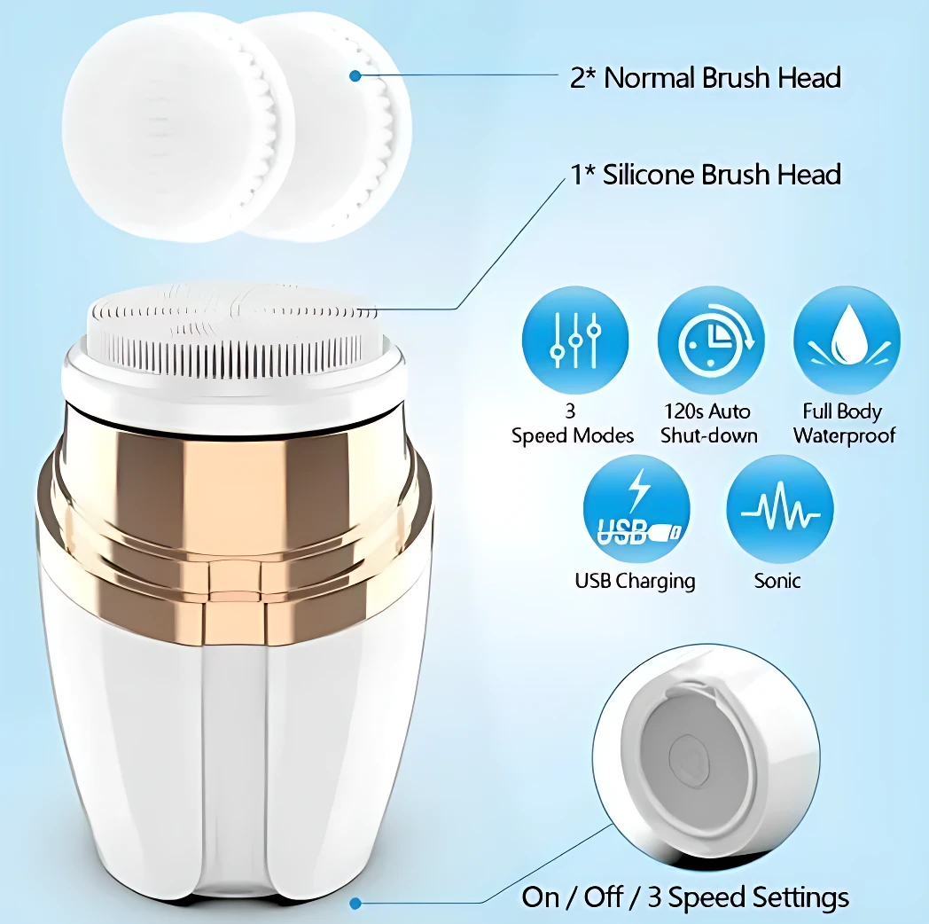 Limpiador facial sónico blanco y dorado con 2 cabezales (normal y silicona), 3 modos, carga USB y resistencia al agua.