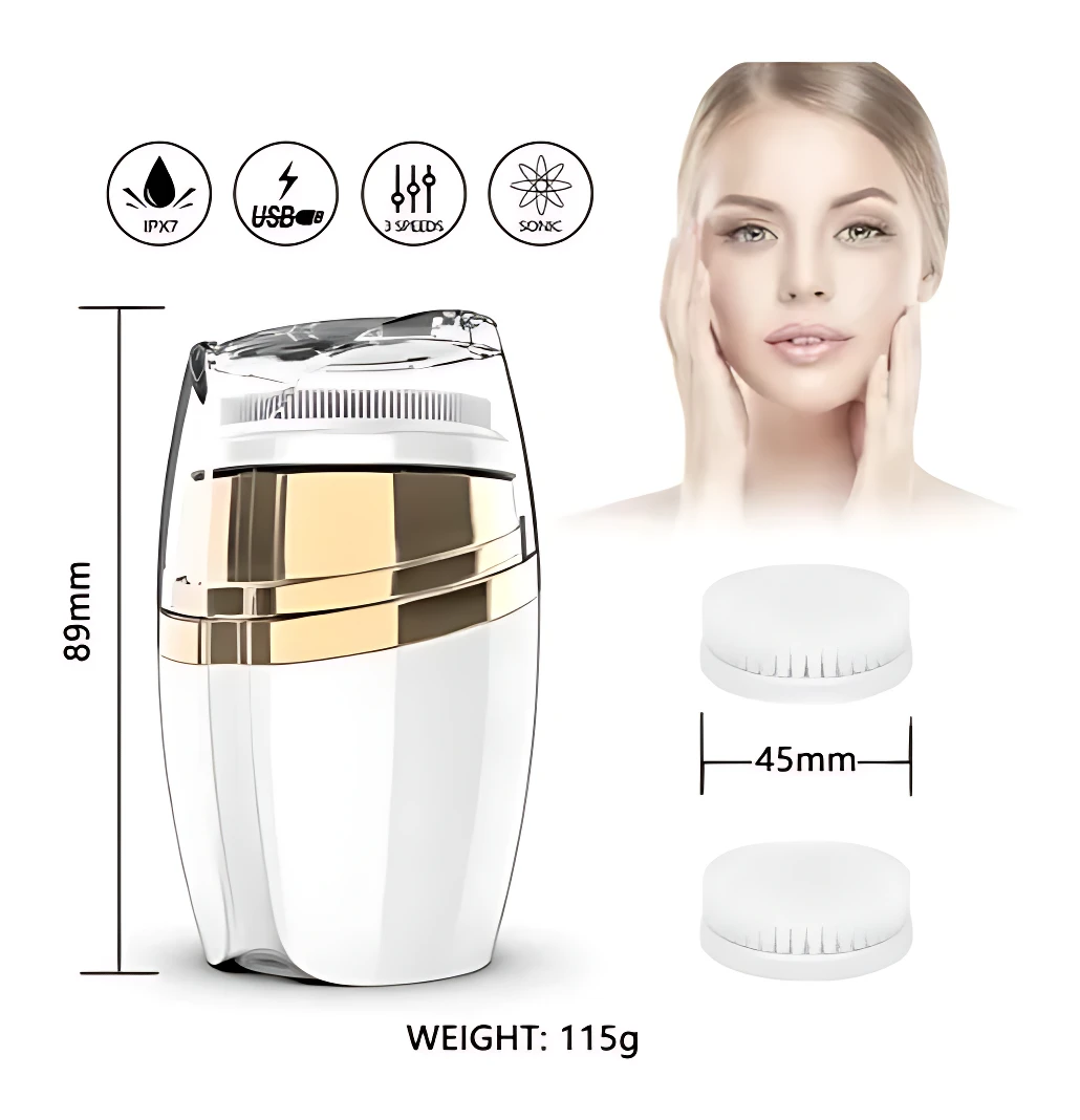 Limpiador facial sónico blanco y dorado de 89mm, recargable USB, 3 velocidades, 115g, con dos cabezales de 45mm.