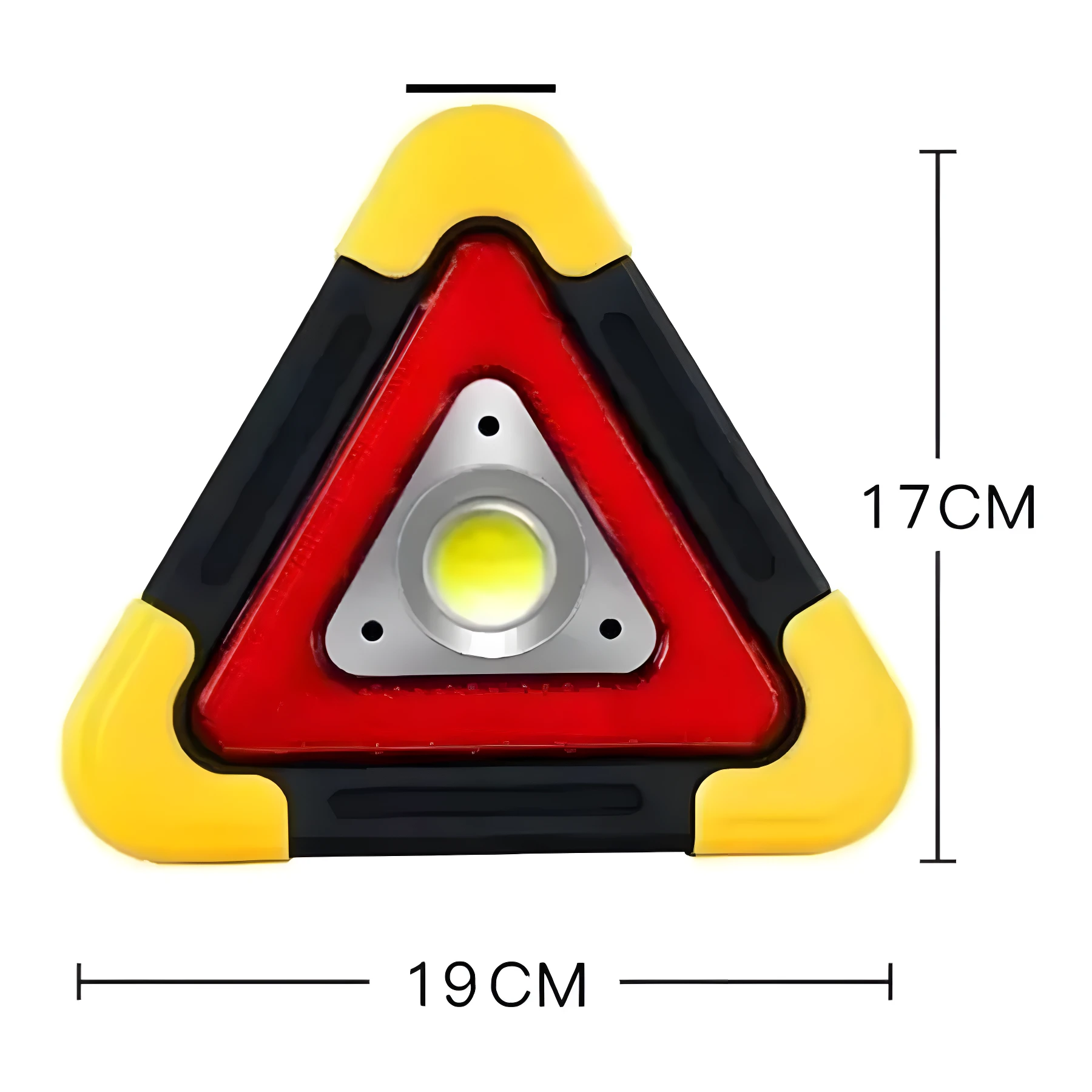 Linterna de emergencia triangular LED roja y amarilla de 19 cm de ancho y 17 cm de alto.