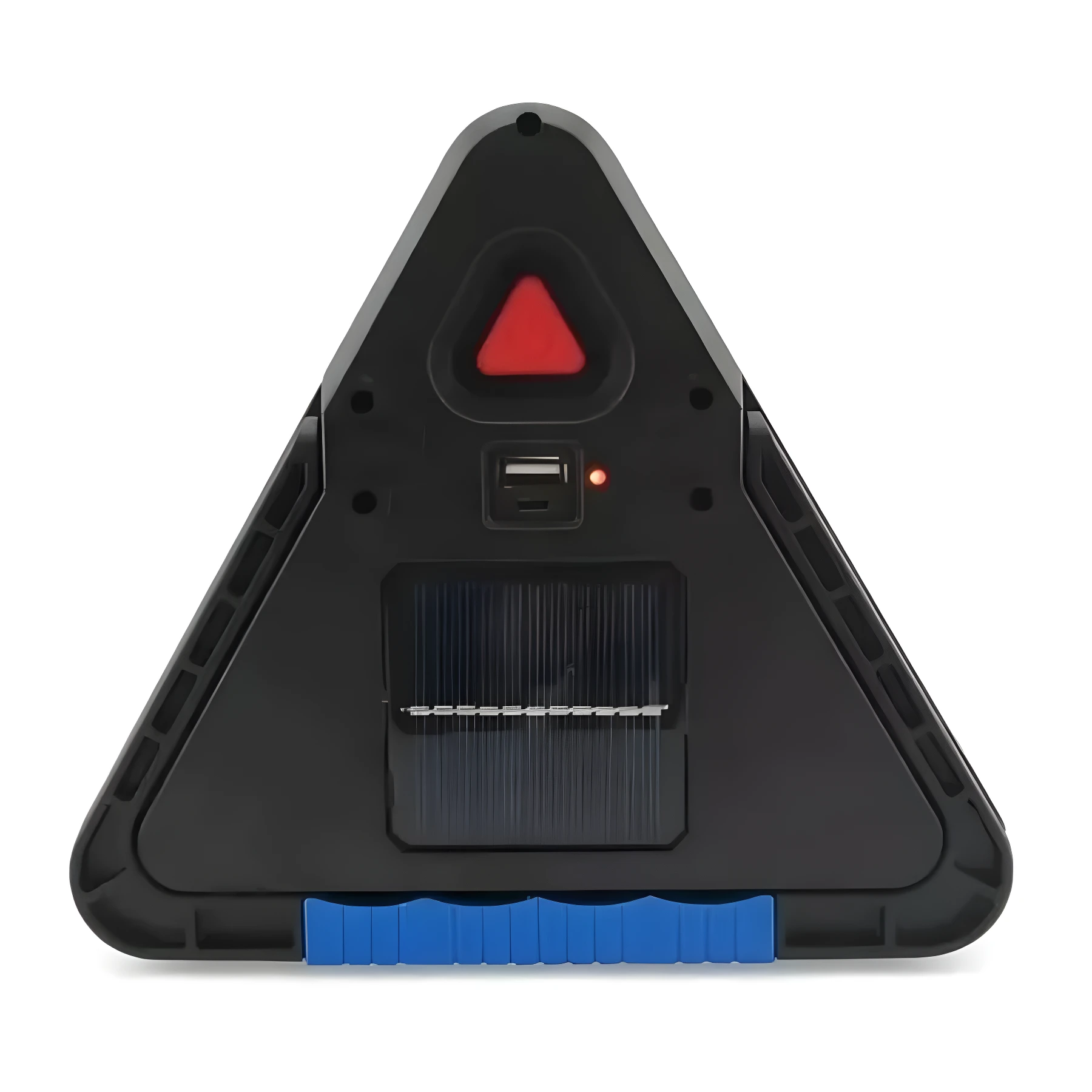 Linterna de emergencia triangular negra con panel solar, puerto USB y botón rojo.