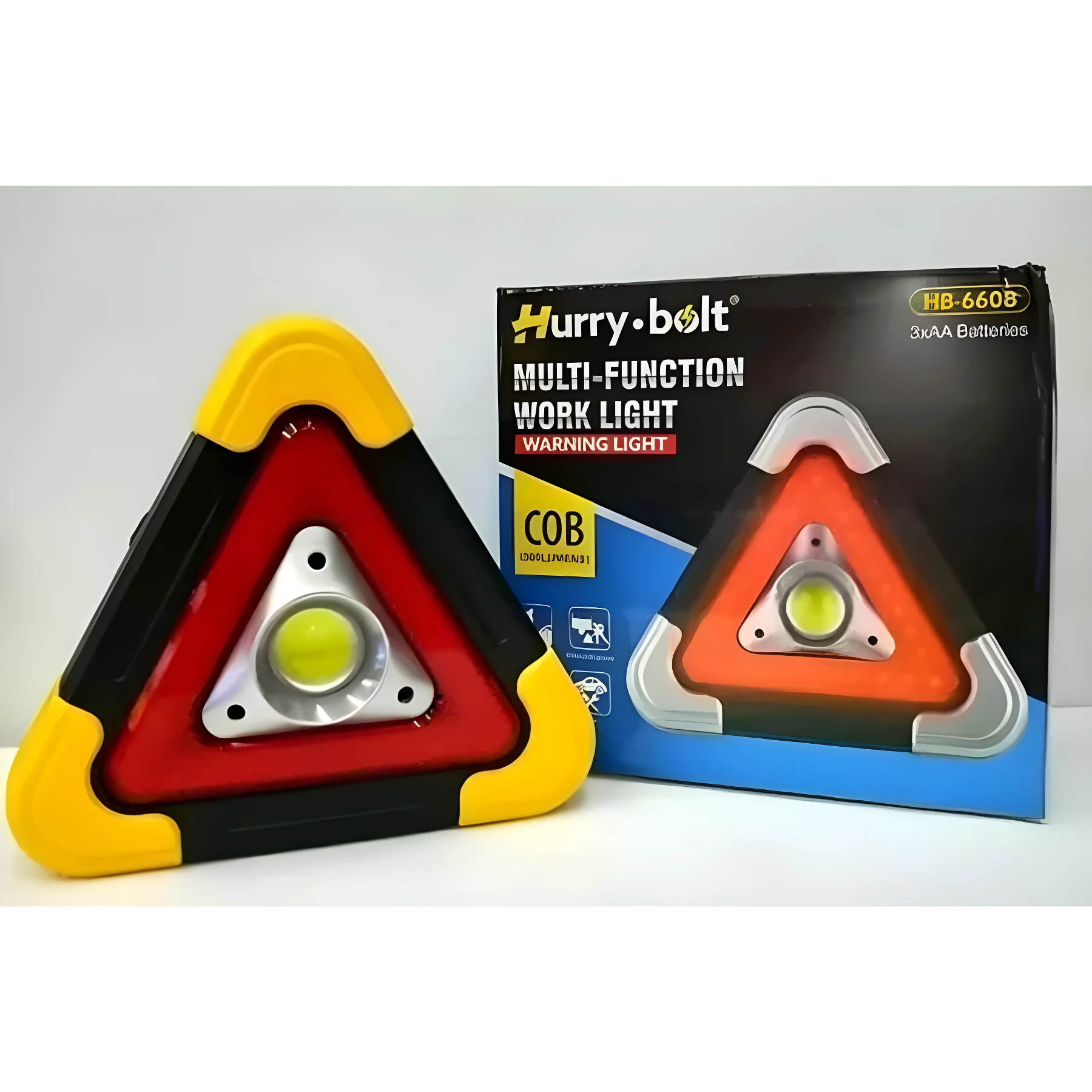 Triángulo de emergencia led Hurry Bolt, rojo con amarillo, luz blanca, ideal para advertencia.