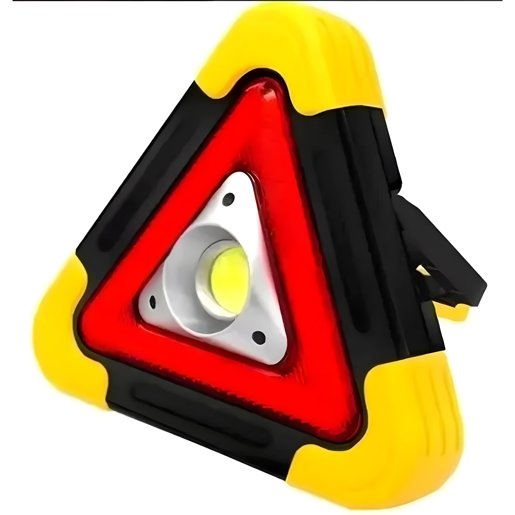 Triángulo de emergencia amarillo con luz LED intermitente roja y blanca, ideal para señalización vehicular.