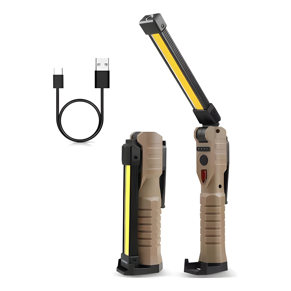 Dos linternas led recargables beige, una con barra led extendida y otra cerrada, junto a cable USB.