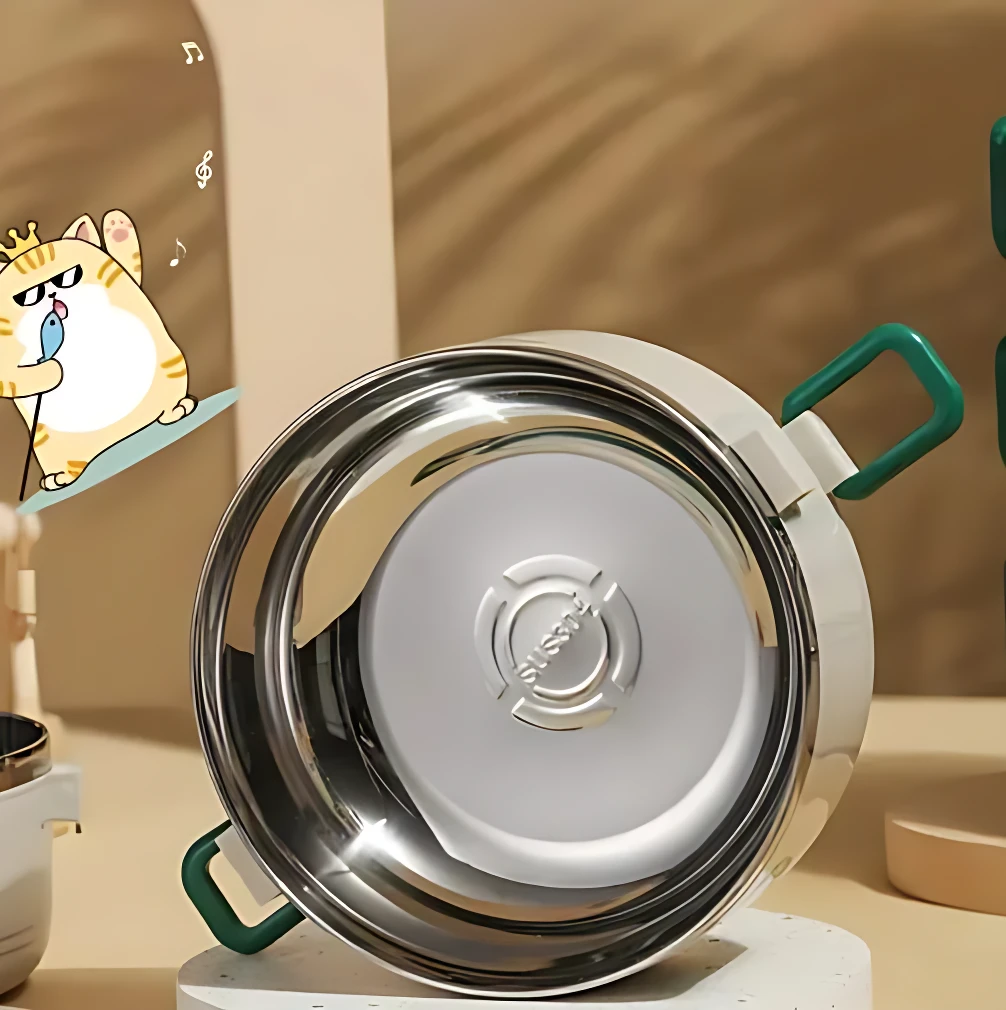 Lonchera térmica de 2 niveles, acero inoxidable, con asas verdes, diseño moderno y caricatura de gato en fondo beige.