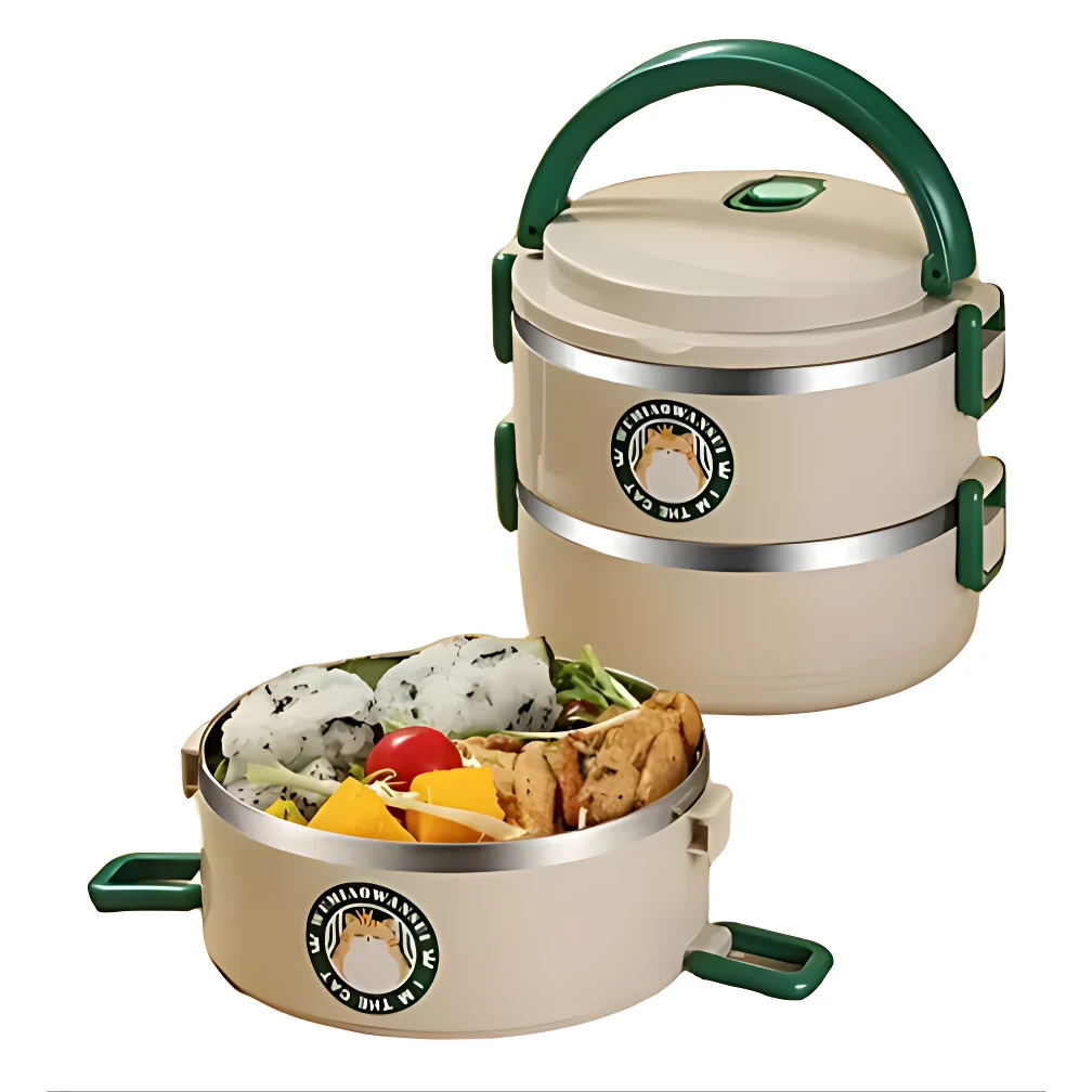 Lonchera térmica beige de 2 niveles con asa verde, decorada con un gato, contiene arroz, vegetales y pollo.
