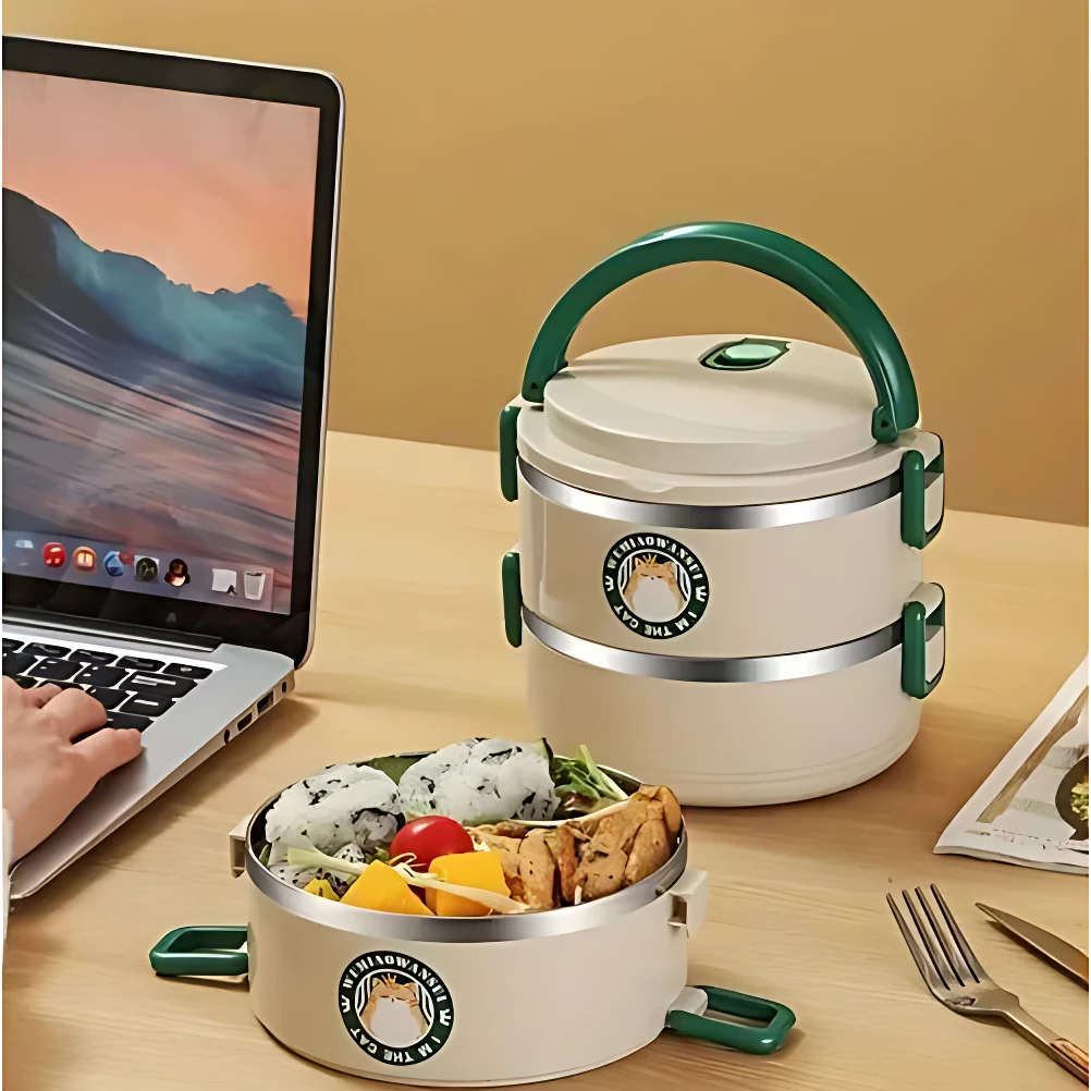 Lonchera térmica de 2 niveles color crema con asa verde, lista para llevar comidas frescas.