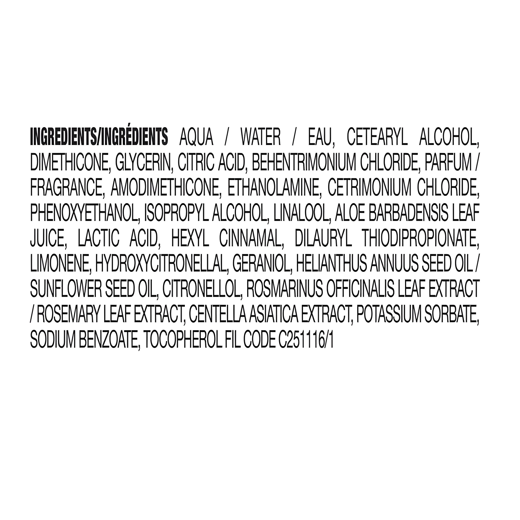 Ingredientes de acondicionador reparador L'Oréal con ácido cítrico: Aqua, Dimethicone, Glycerin, Parfum, Cetrimonium Chloride.
