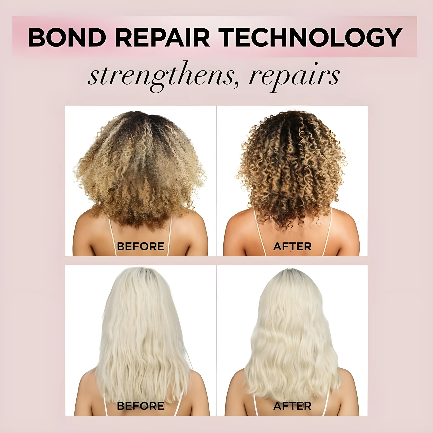 Antes y después de cabello dañado con acondicionador L'Oréal Ácido Cítrico, mostrando reparación y brillo.