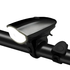 Luz frontal recargable para bicicleta negra 250 lúmenes con bocina, montada en manubrio.