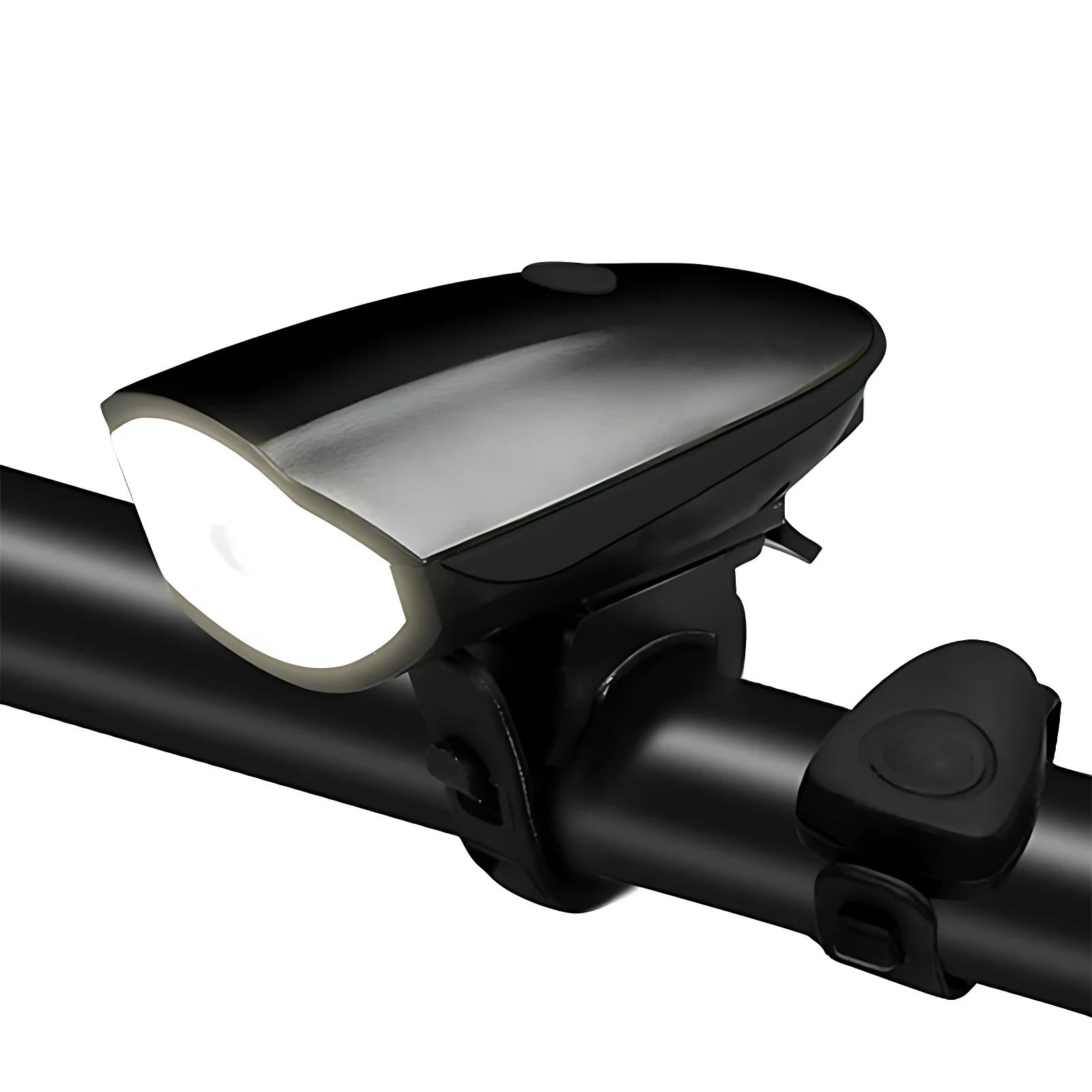 Luz frontal recargable para bicicleta negra 250 lúmenes con bocina, montada en manubrio.
