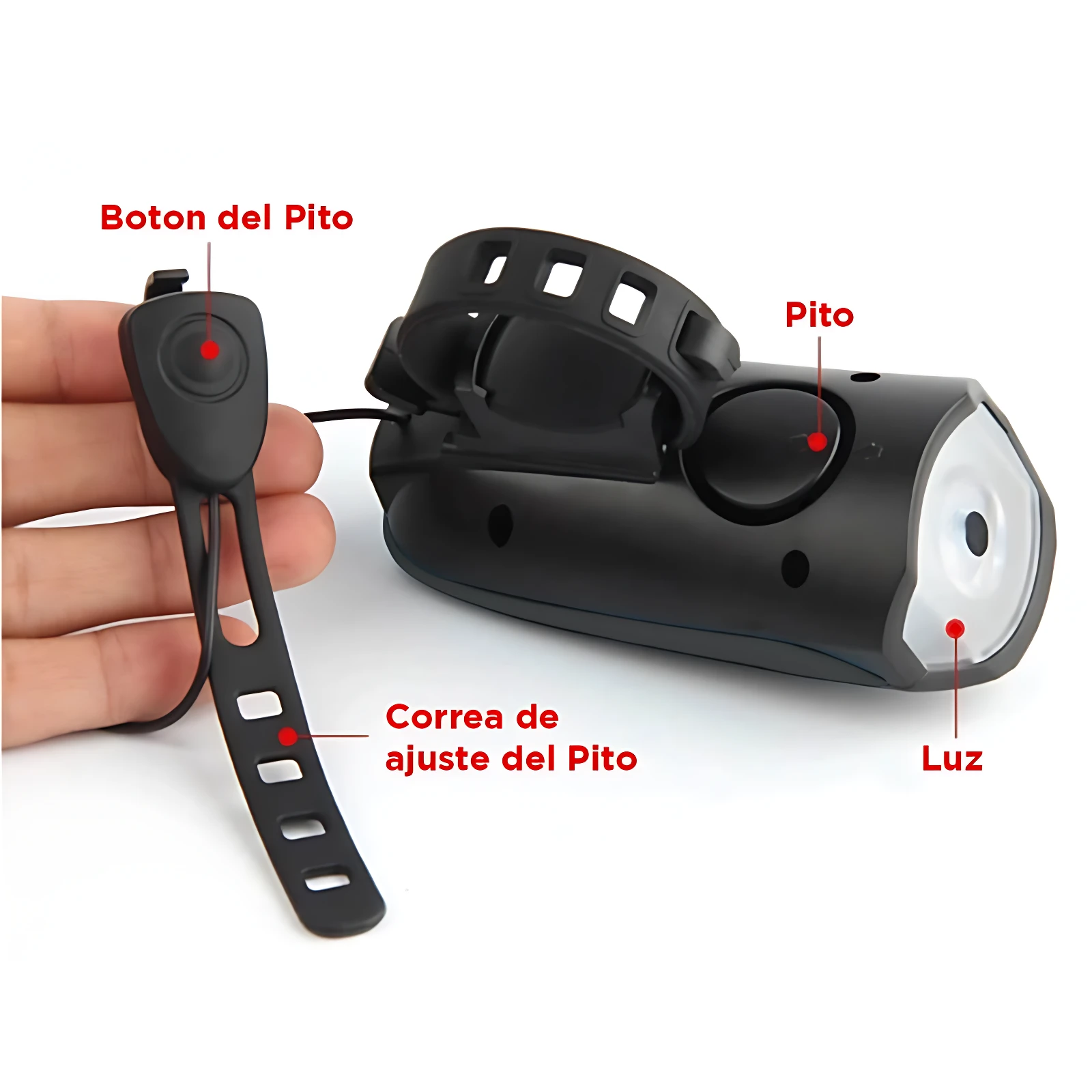 Luz recargable para bicicleta con bocina, correa ajustable y botón. Detalle del producto.