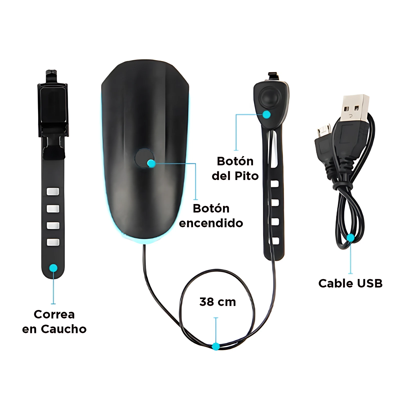 Luz LED recargable para bicicleta, negra, 250 lúmenes, con bocina y cable USB, medidas 38 cm