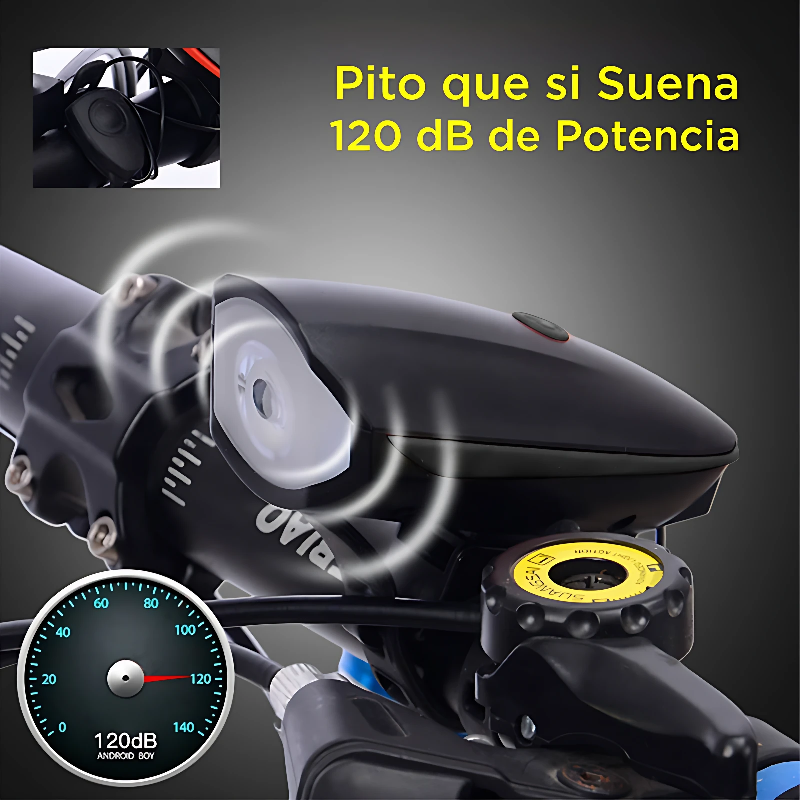Manillar de bicicleta con luz LED negra, bocina de 120 dB y medidor de sonido, ideal para seguridad.