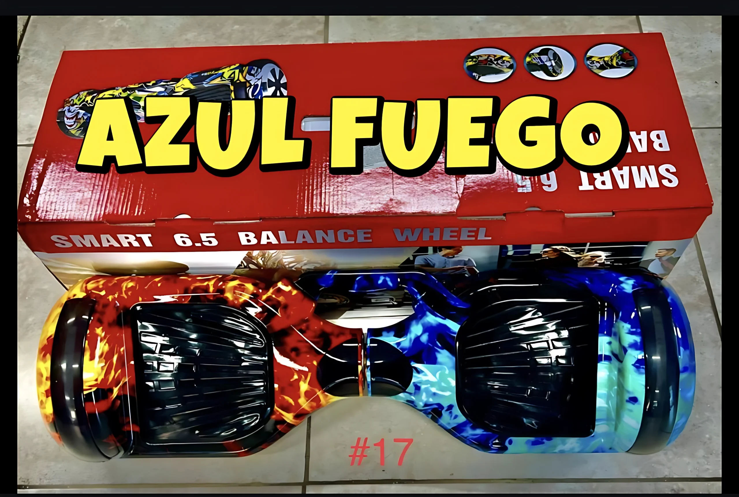 Patineta autoequilibrada azul fuego para niños, diseño llamas, luces LED, 6.5 pulgadas.